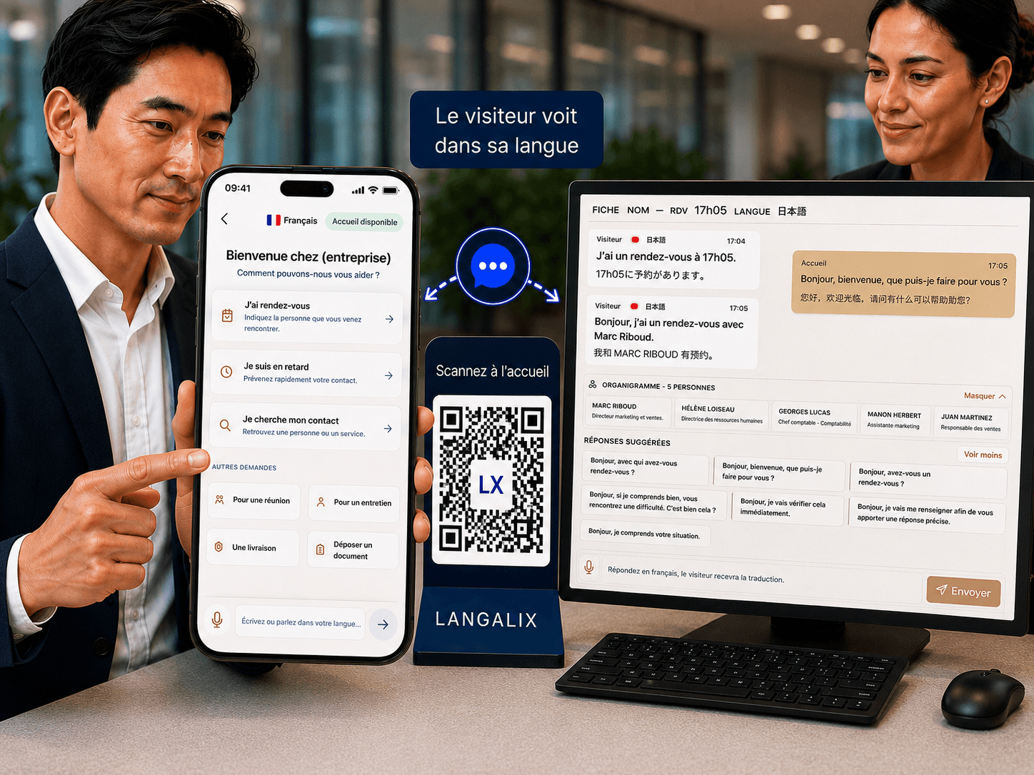 Interface Langalix Accueil Entreprise : le visiteur scanne le QR code, désigne son contact et échange dans sa langue avec le poste d’accueil.