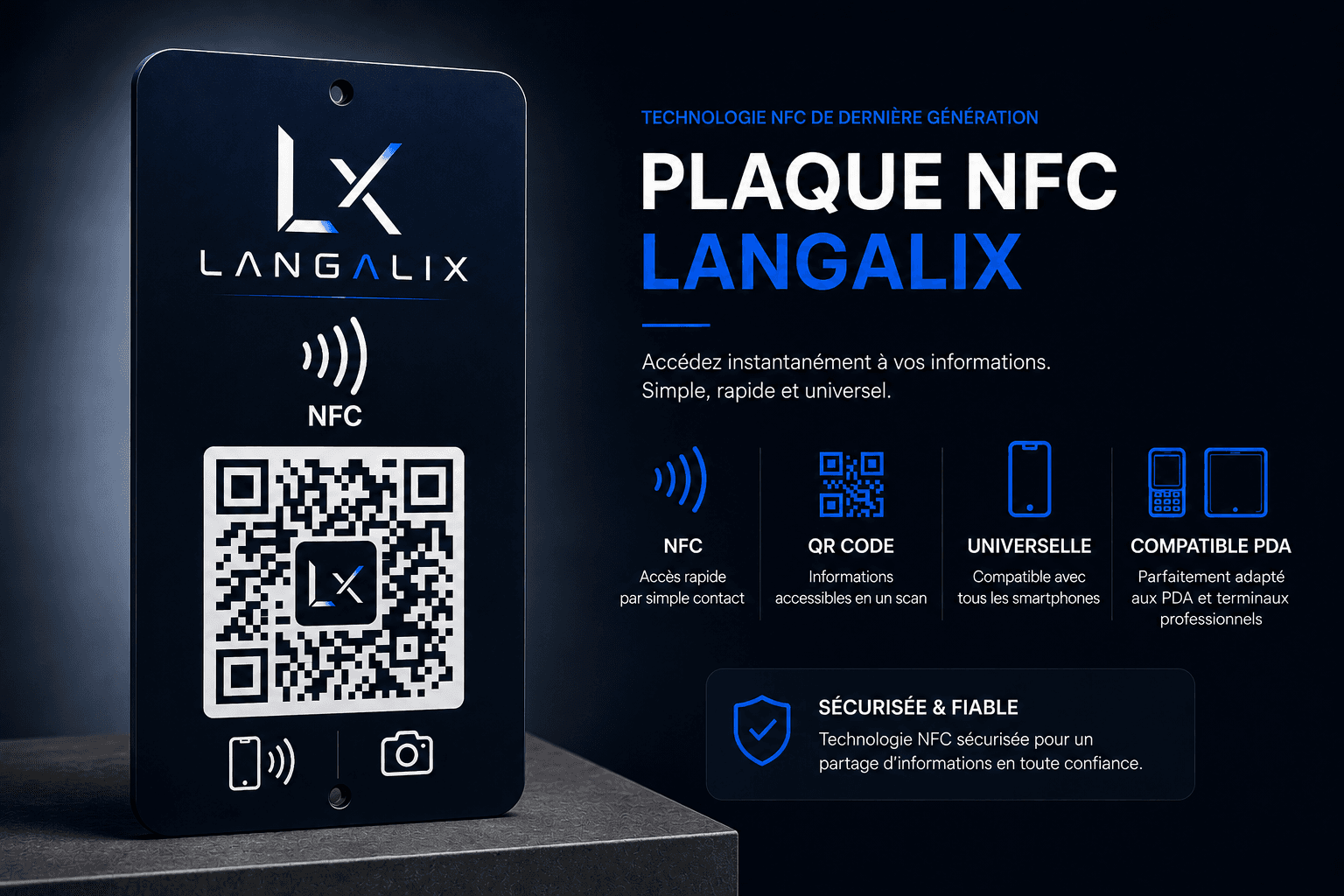 Plaque QR / NFC Langalix : QR code, lecture sans contact, compatible avec tous les smartphones et les PDA professionnels.